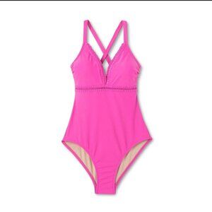 Kona Sol Crochet Shell Stitch Women's Barbie Pink One Piece Swimsuit Sz:S